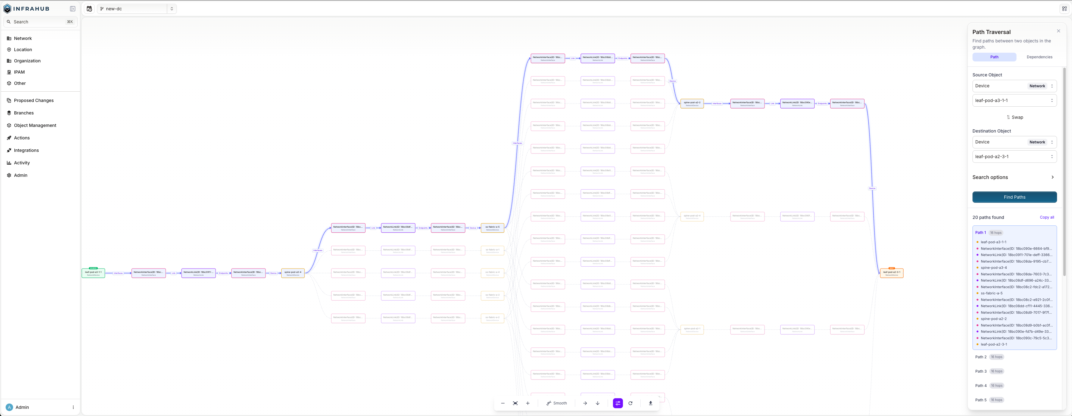 Path Traversal showing the highlighted path between two leaf devices across different pods, with the list of paths in the side panel