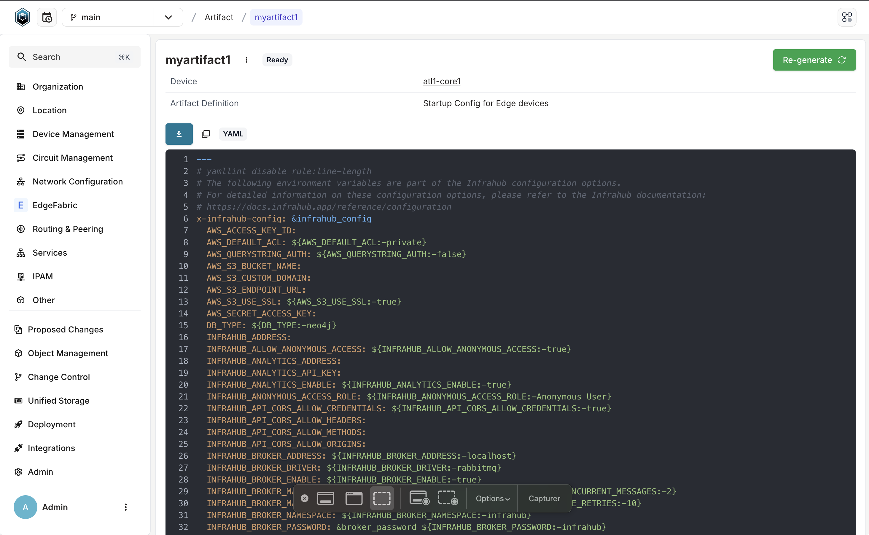 "Example screenshot of Infrahub 1.1.6 showing an Artifact of YAML type with syntax highlighting."